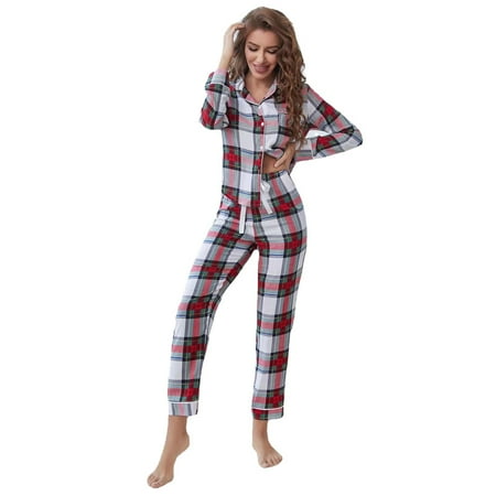 

Pajamas Women s Spring And Autumn Cardigan Plaid Color Matching Homewear Suit