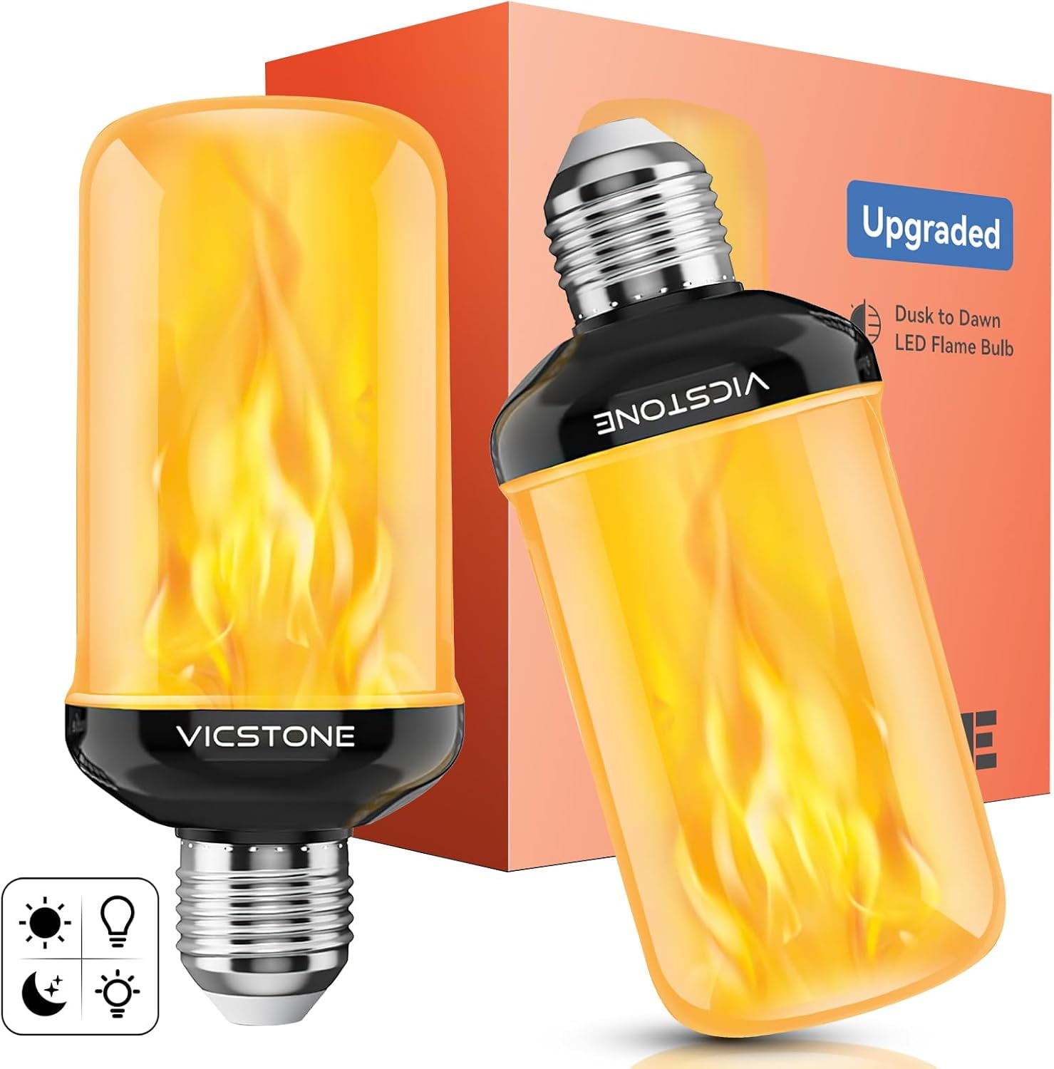 Upgraded Dusk to Dawn LED Flame Light Bulbs Outdoor, 4 Modes Flickering Light Bulbs with Upside Down Effect, E26 Fire Bulb for Halloween Christmas Party Patio Porch Home Indoor Decorations, 2