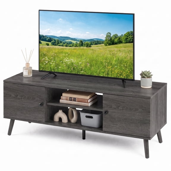 EDX Retro-Modern TV Stand, Mid-Century Media Console with Soft-Close Cabinets & Adjustable Shelves, Engineered Wood TV Cabinet for 50-65 Inch TVs, Grey Wood Grain