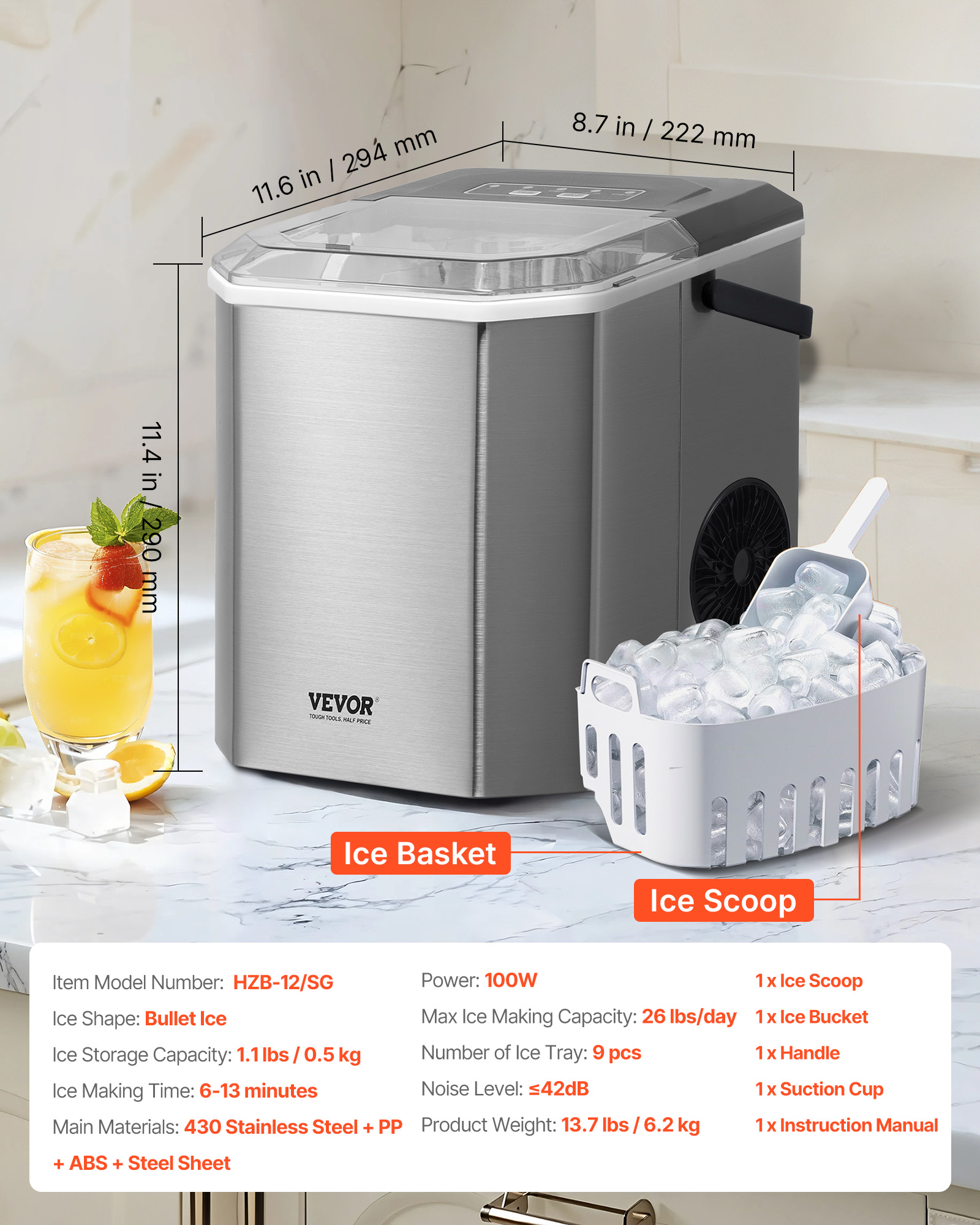 VEVOR Countertop Ice Maker, 9 Cubes Ready in 6 Mins, 26lbs in 24Hrs, Self-Cleaning Portable Ice Maker with Ice Scoop and Basket, Ice Machine with 2 Sizes Bullet Ice for Home Kitchen Office Bar Party