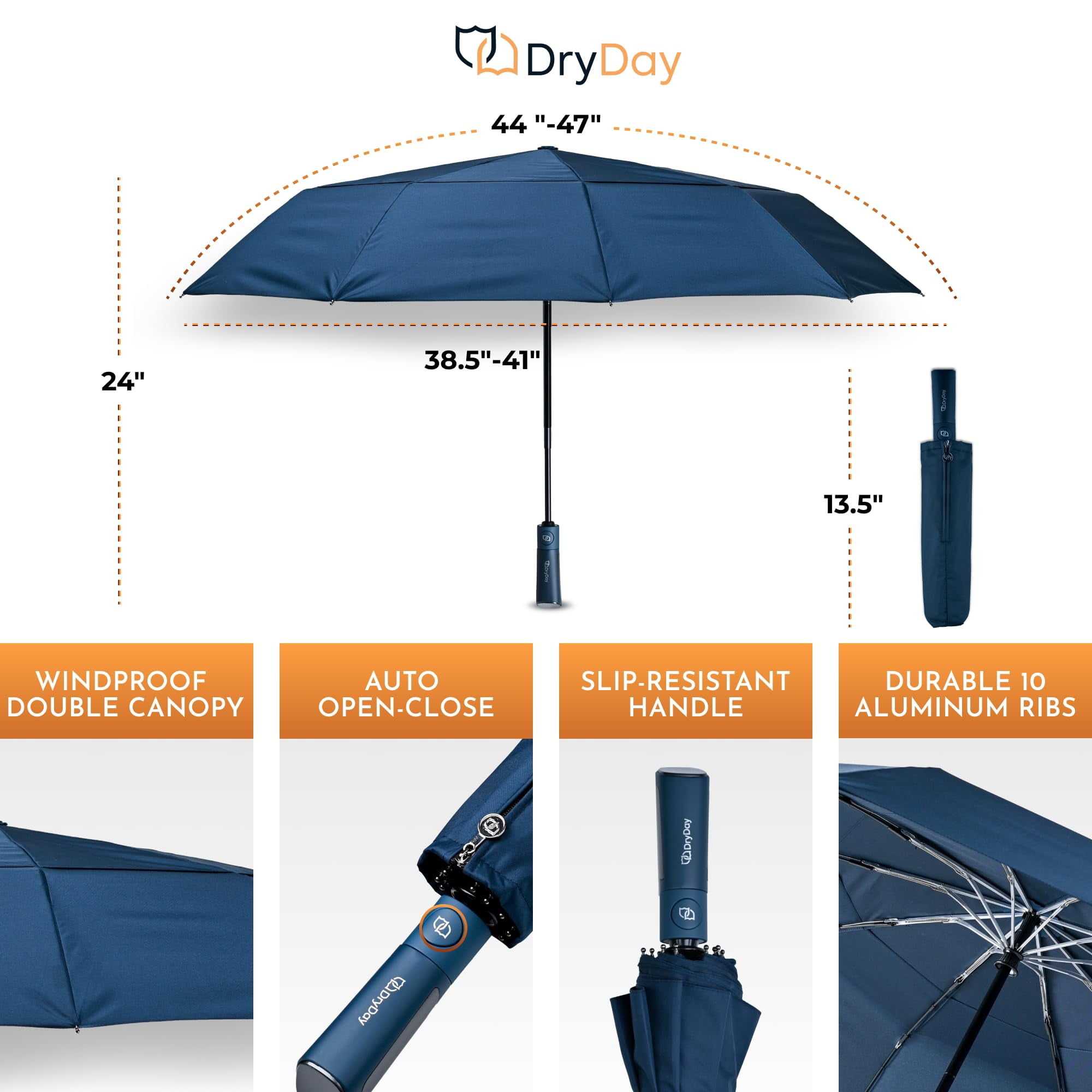 DryDay 47” Premium Umbrellas for Rain, Large Windproof Double Canopy Umbrella, 10 Aluminum Ribs, Sturdy Frame, Auto Open Close Unique Handle, Windproof & Waterproof Umbrella for Women & Men, NavyBlue