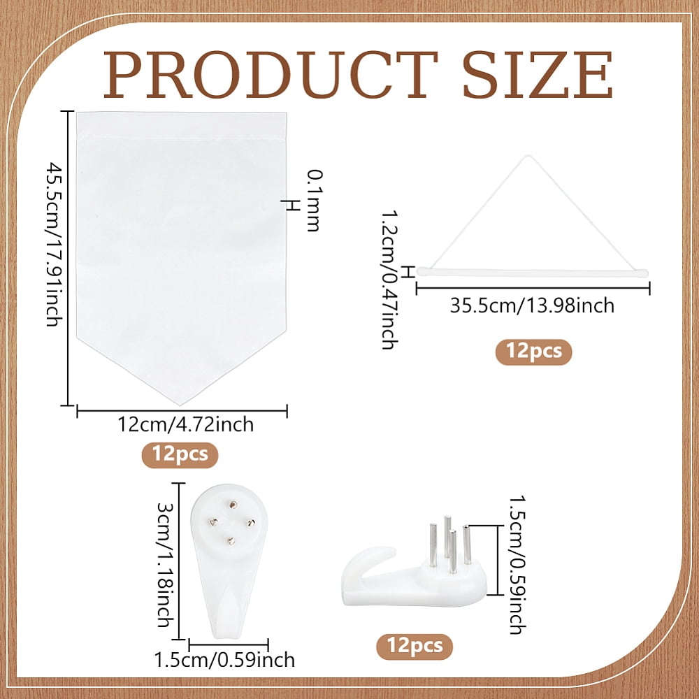 12Pcs Polyester Blank Flag with Stick and 12Pcs Plastic Non-Trace Nail Hangers for Hanging Picture Photo Frame White 455x120x0.1mm for diy