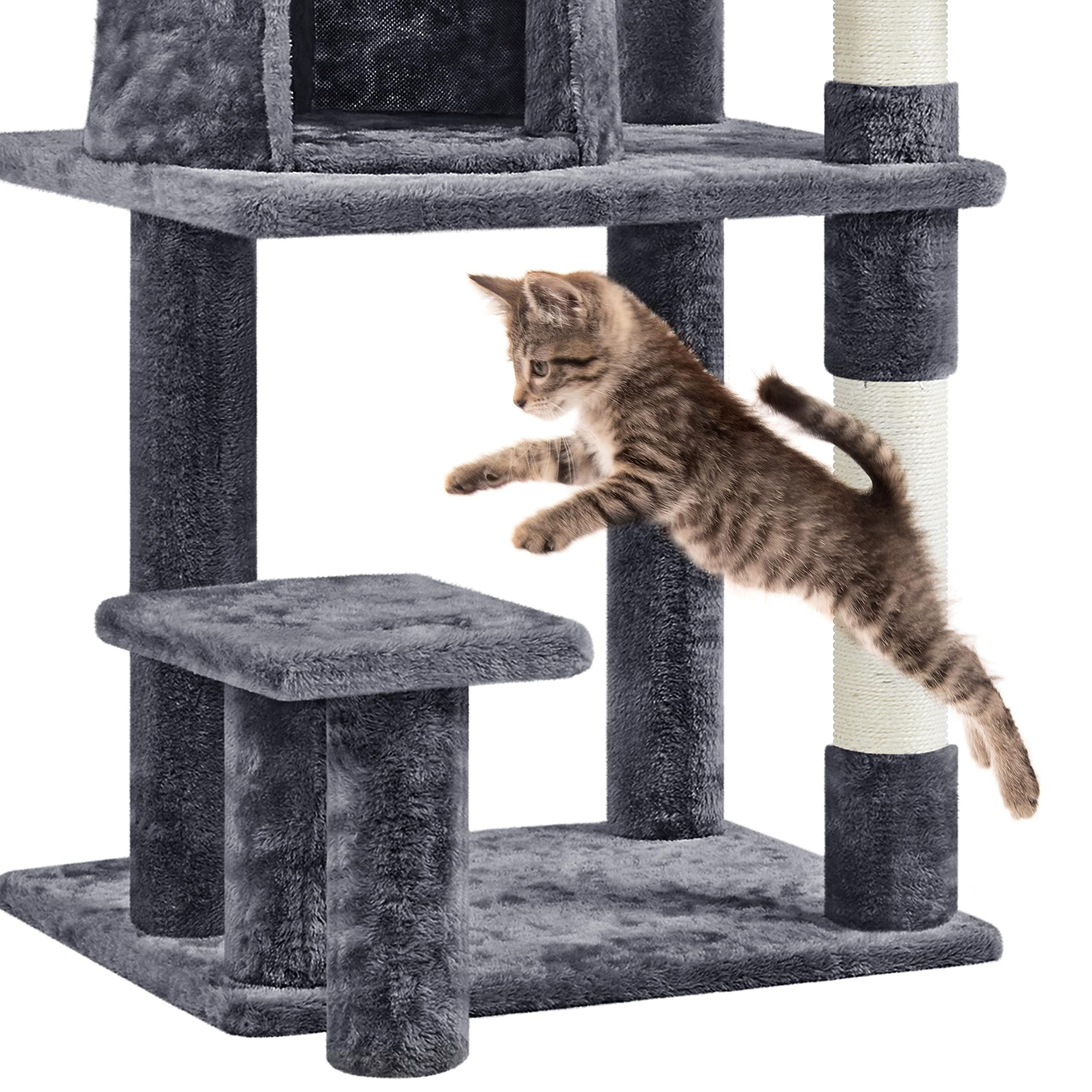 Cat Tree 57in Multi Level Cat Tower with Plush Condo, Scratching Post, Basket, Padded Perch, Extended Platform for Climbing Jumping Play