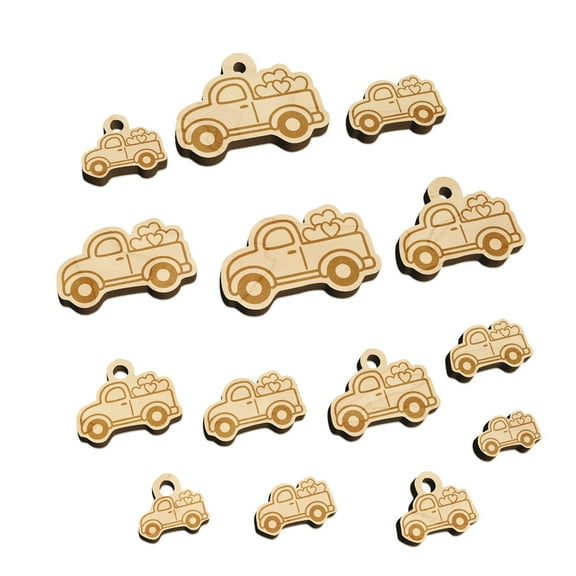 Cute Truck with Hearts Wood Mini Charms Shapes DIY Craft Jewelry - No Hole - Various Sizes (16pcs)