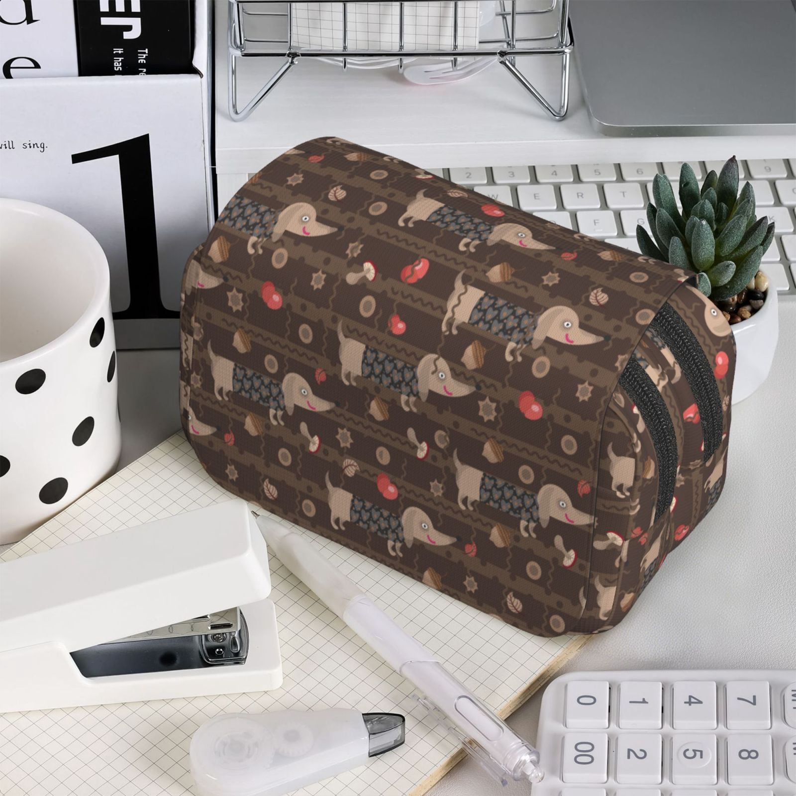 Rateoe Dachshund Dog Puppy Pattern Double Clamshell Pen Case, Storage Organizer with Two Zipper Compartments– Holds Up to 50 Pencils & Pens