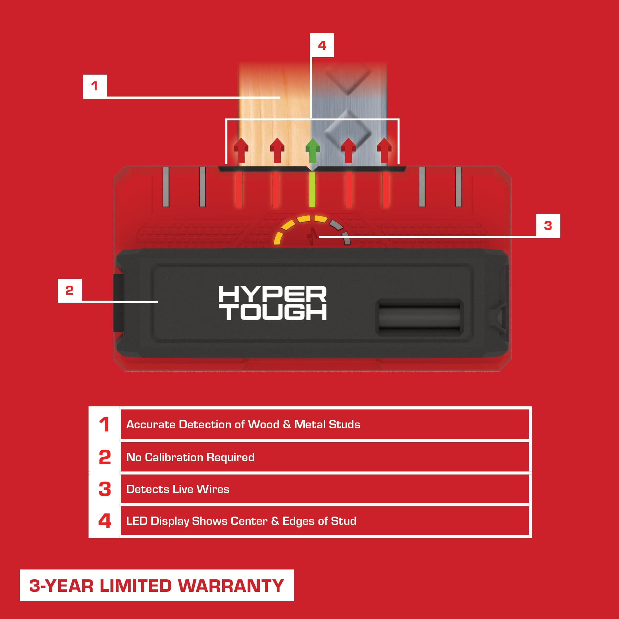 Hyper Tough 9-Sensor LED Electronic Stud Finder with Live Wire Meter