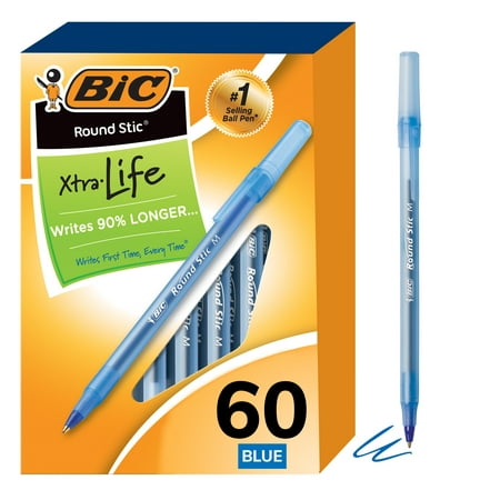 BIC Round Stic Xtra Life Ballpoint Pens, Medium Point (1.0mm), Blue, 60 Count