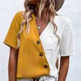 thumbnail image 3 of Camiseta De Verano Cuello En V Botón Oblicuo Bloque De Color Casual Cómodo Top De Mujer Para Ir De Compras Trabajo Amarillo M, 3 of 6