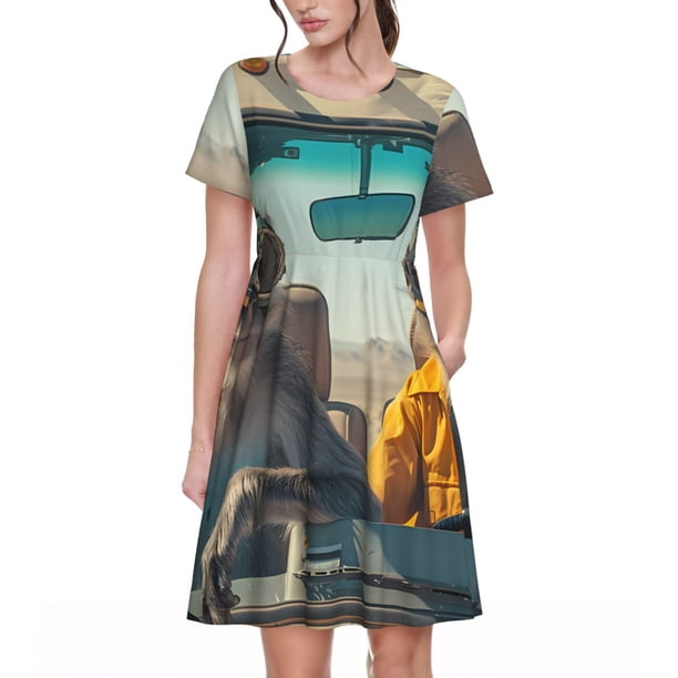 Easygdp Desert Monkeys Drive para Vestido Transpirable de Mujer, Vestido Suelto de Manga Corta con Pliegues y Bolsillos para el Verano