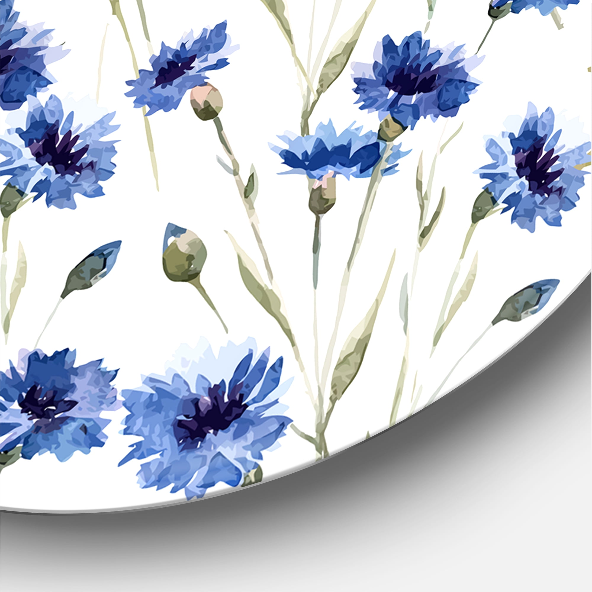 Designart 'Blue Wildflowers With Green Leaves On White' Traditional Circle Metal Wall Art 11x11 - Disc of 11