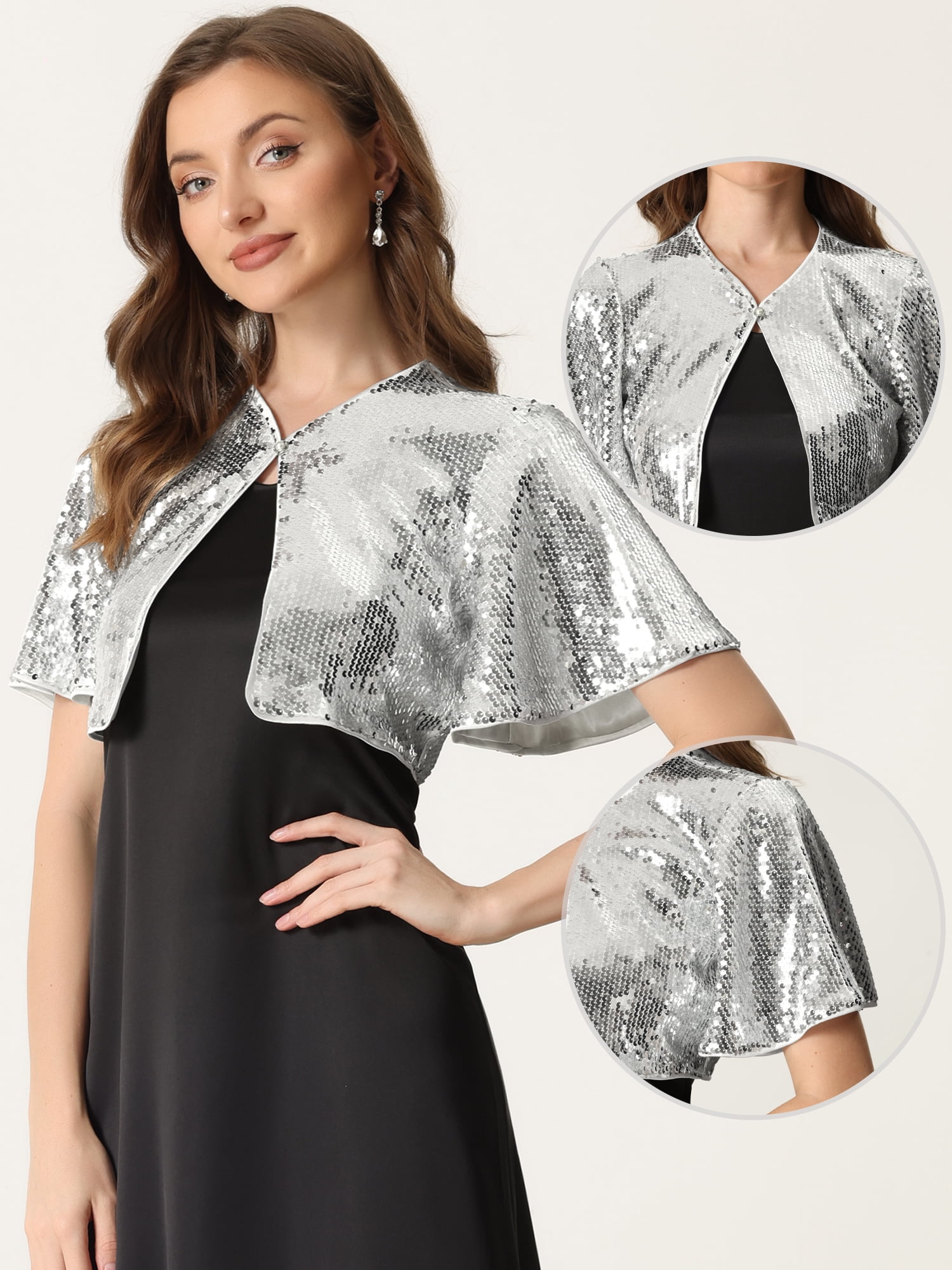 DARING DIVA Flared Sleeve Crop Shrug Bolero Glitter Jackets M Silver