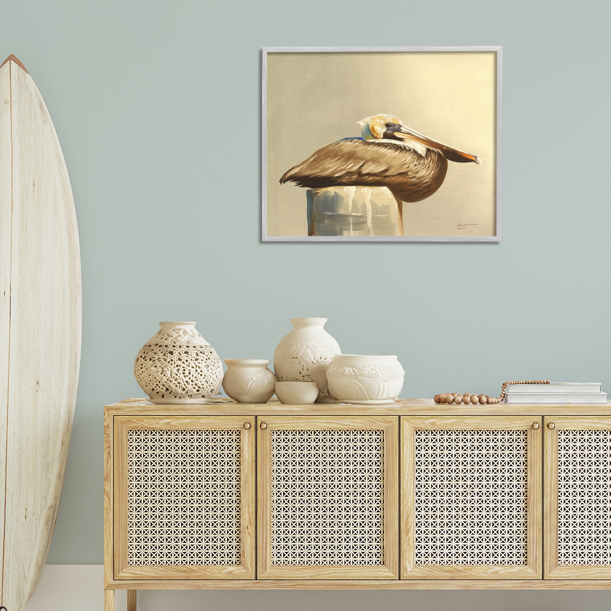 Stupell Industries Pelican Resting on Dock Animals & Insects Painting Gray Framed Art Print Wall Art, 30 x 24