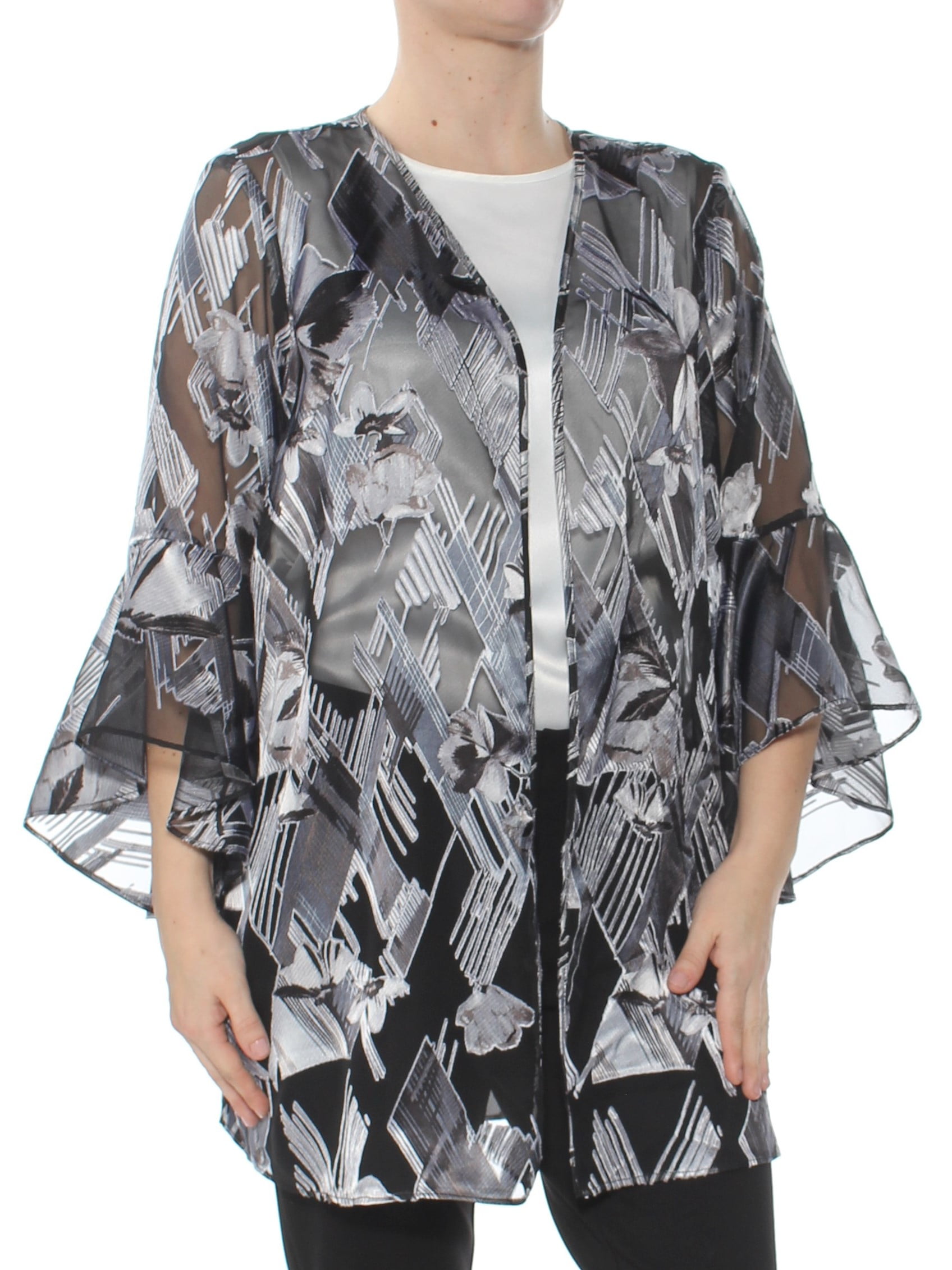 Alfani ALFANI Womens Black Ruffle Sleeve Printed Jacket Size S