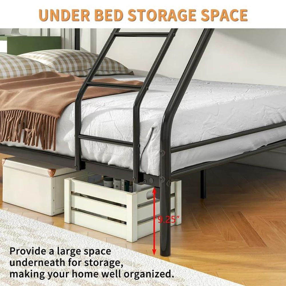 Gewnee Twin over Full Bunk Bed, Metal Bed Frame with Ladder&Safety Guardrail for Kids Teens,Black