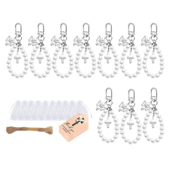 10Sets Crosses Keychain Favors With Pearls Accent And Clear Organza Bags For Baptism Baby Shower Wedding Event