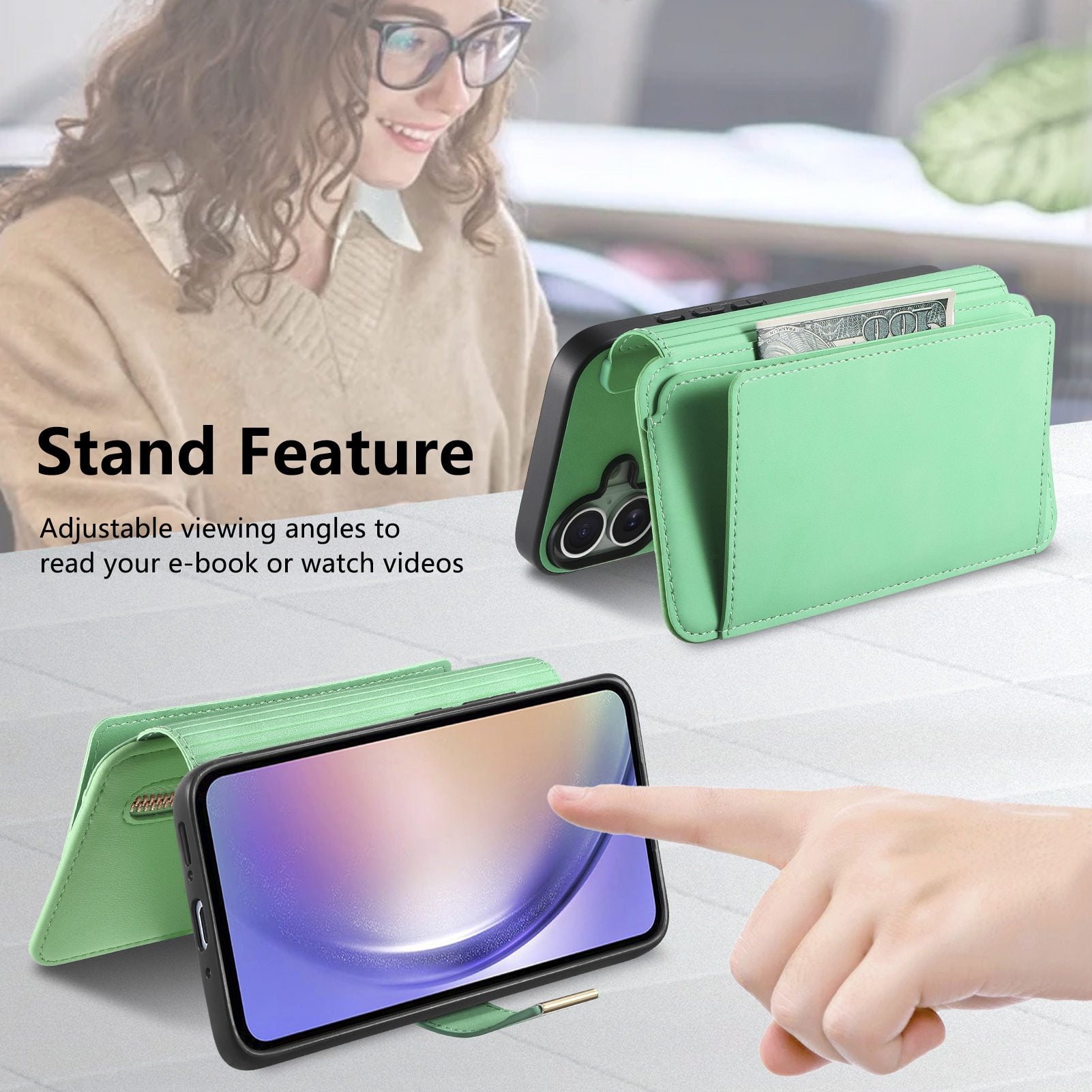 TECH CIRCLE for Galaxy S24 FE 2-in-1 Phone Case 6.7" 2024, Magnetic Back Cover with Removable Flip Wallet Case, with Card Slots/Ring Holder Grip, Compatible with MagSafe, PU Leather Case, Green