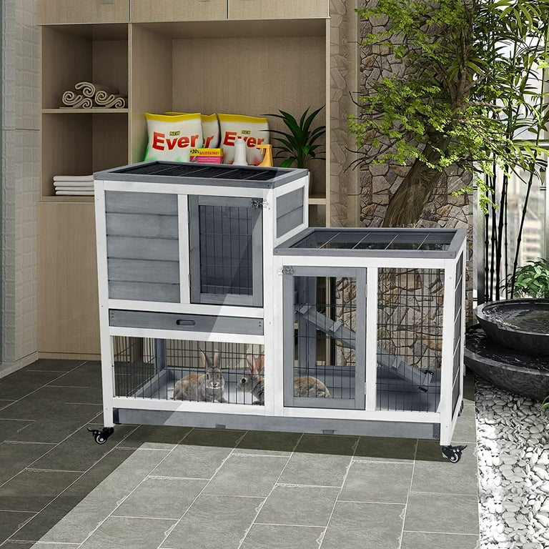 LAZY BUDDY Rabbit Hutch Bunny Cage with Casters Ramp Indoor Outdoor Small Animal House