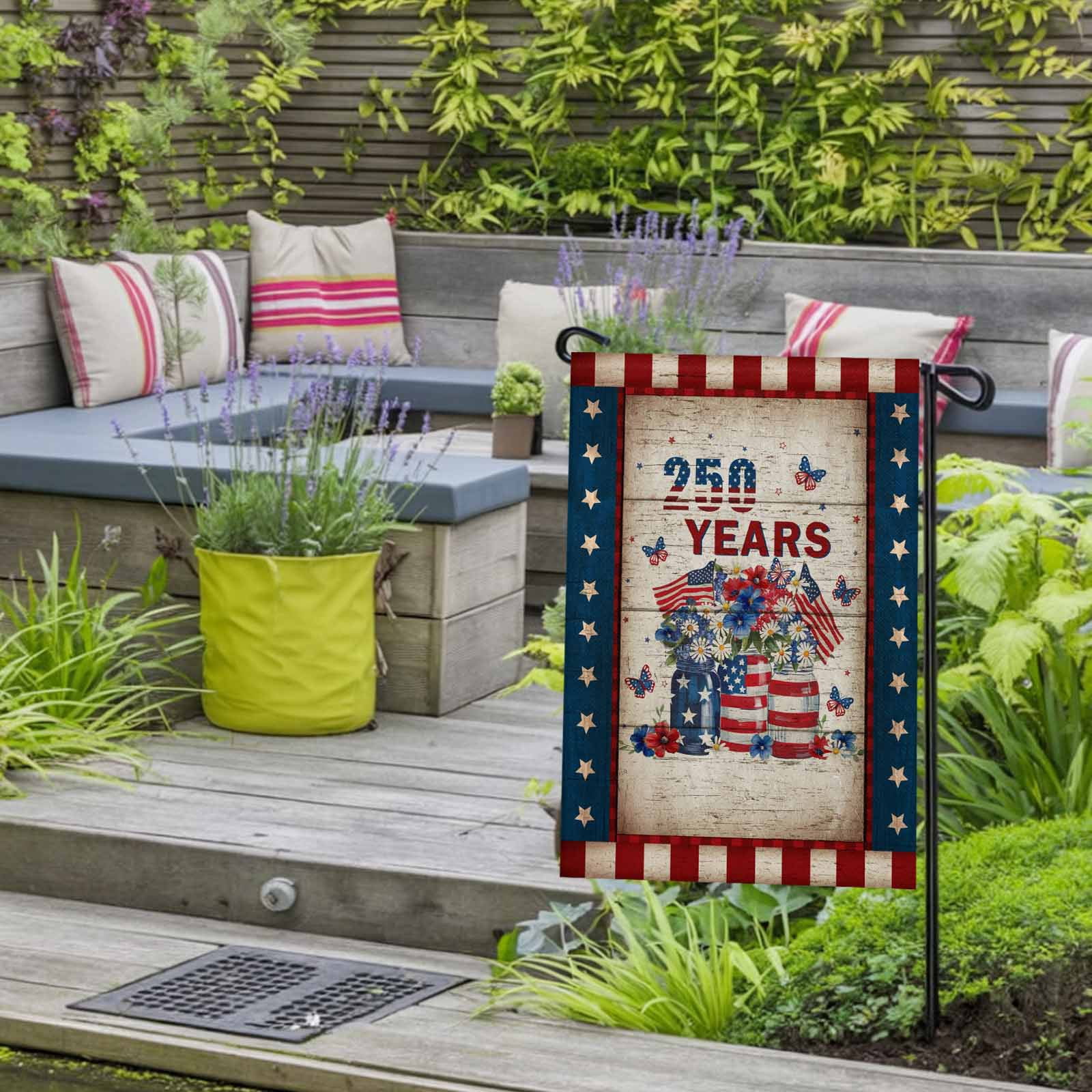 Patriotic 4th of July Garden Flag 28x40 Inch 250 Years Stars Stripe Flag Floral Wooden Double Sided Small Decorative Garden Flags for Outside, Outdoor Yard Porch Lawn Decoration