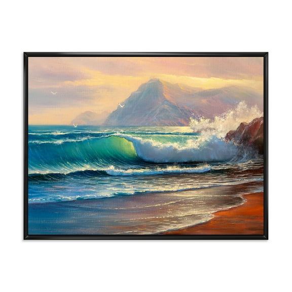 Designart 'Sunrise Glow On The Sea Waves III' Nautical & Coastal Framed Canvas Wall Art Print