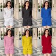 thumbnail image 5 of Conjunto de camisa de manga larga y pantalones cortos para mujer, ropa informal de lino y algodón, Color liso, verano, 2 piezas, 5 of 5