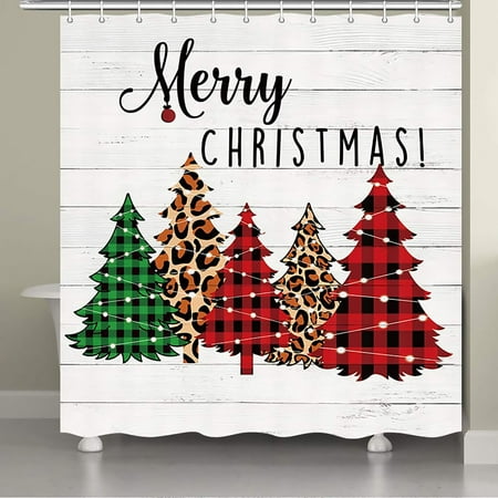 Christmas Tree Shower Curtain, Buffalo Plaid Red and Grenn and Leopard Print XmasTree with Holiday Christmas Light Bathroom Curtain, Bathroom Decor, Bathroom Accessories