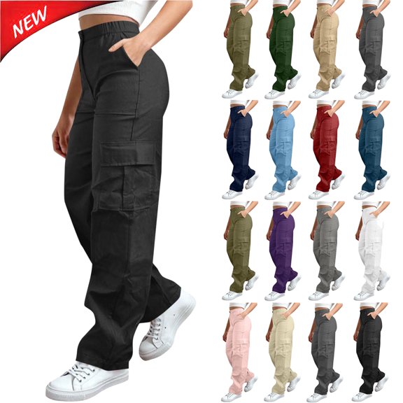 Tqyyweavej Women's Hiking Pants Straight Leg Button Zip Cargo Pants Solid Color Elastic Waist Capri Pants for Women with Pockets