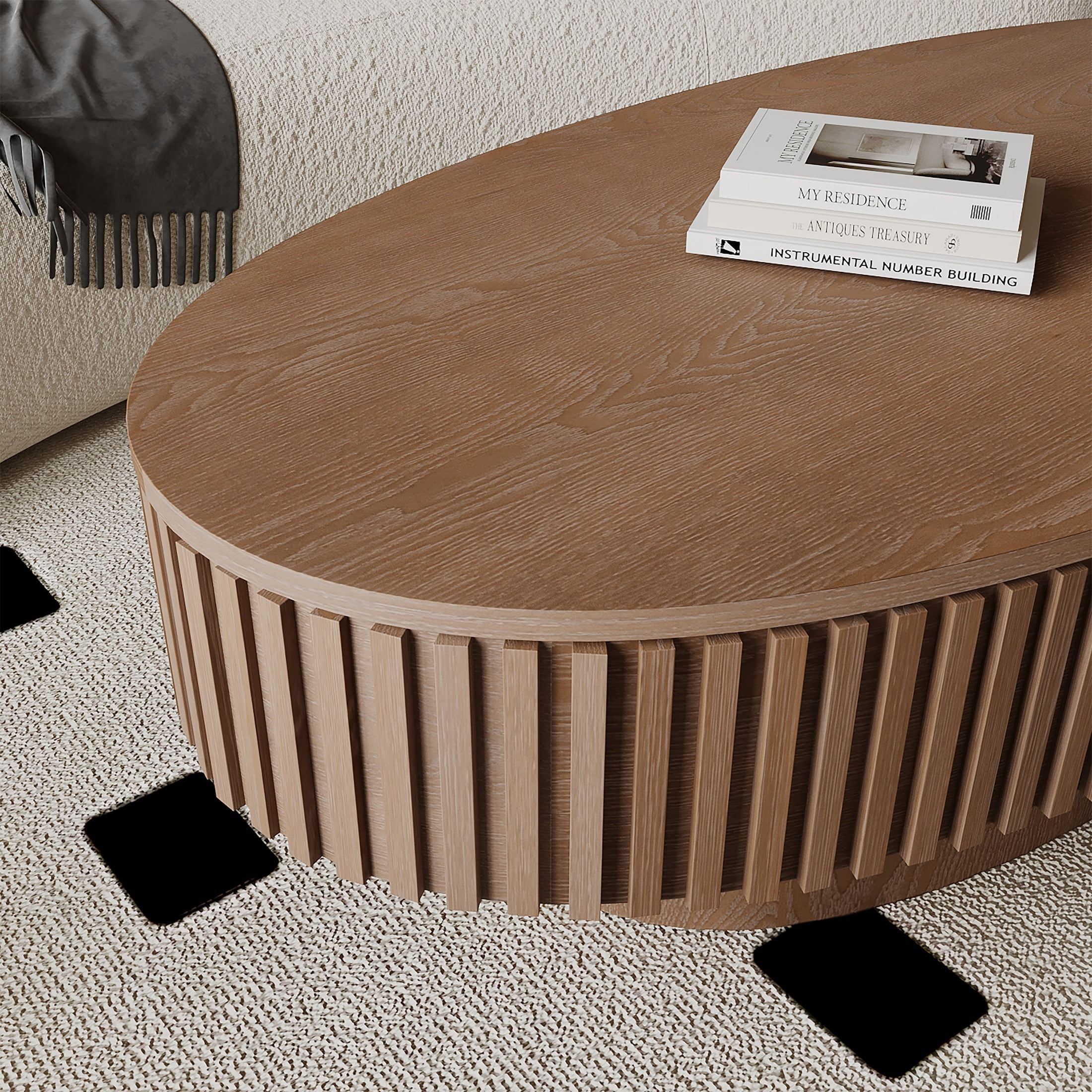 47.2'' Oval Coffee Table with Removable Lid & Hidden Storage, Solid Wood Veneered End Table, Fluted Accent Cocktail Table