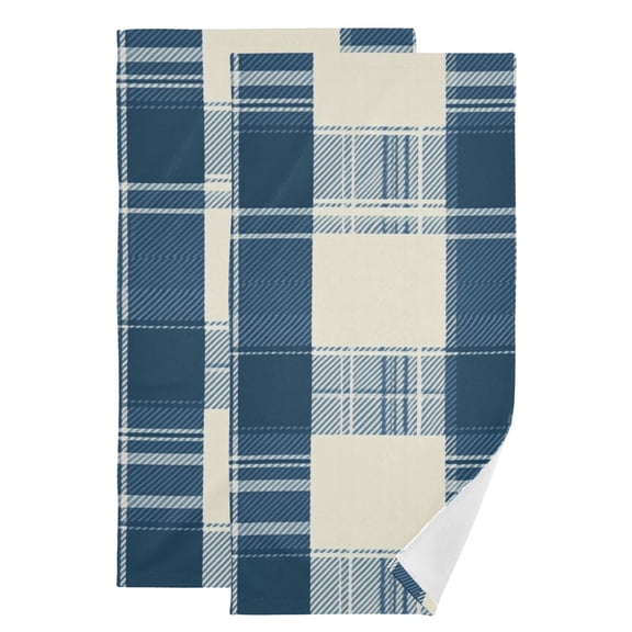 Blue and Beige Wide Plaids Hand Towel Absorbent Bath Towels for Bathroom Sports Gym 28" x 14" Set of 2