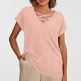 thumbnail image 4 of Camiseta holgada de manga corta con cuello en V lisa para mujer, poliéster spandex, top informal de verano, S-XXL, 4 of 4