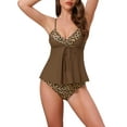 thumbnail image 1 of INSPIRAR CHIC Conjuntos de Bikini de Color Block de Leopardo para Mujeres, 2 Piezas, Top Largo con Volantes, Trajes de Baño, Talla Grande, Marrón, 1 of 5