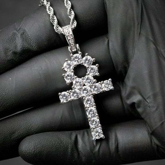 White Gold Iced Pointer Cz Egyptian Ankh Cross Pendant With Rope Chain Necklace