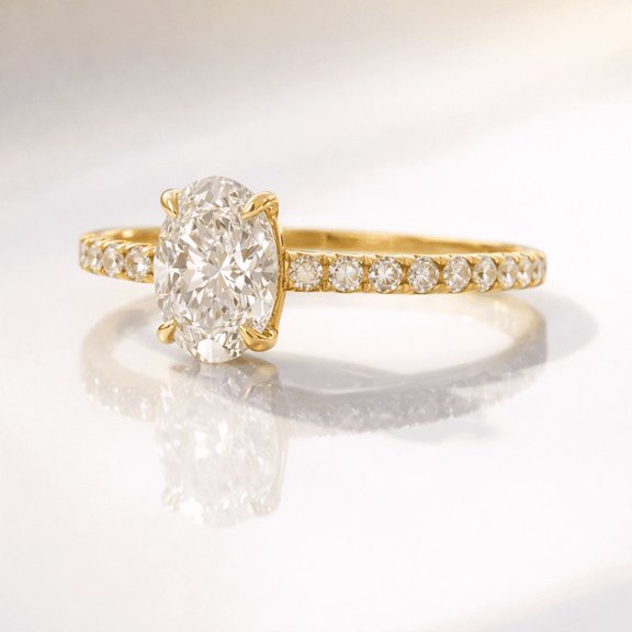 Jewelerix 1.5 Carat Oval Cut Moissanite Engagement Ring in Vermeil Yellow Gold, Pave Band, Anniversary Gift