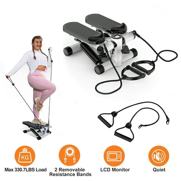 Moclever Mini Stepper with Resistance Bands, Stair Stepper with 2 Resistance Bands LCD Monitor Max 330.7LBS Load Quiet Stepper for Exercise, Gray