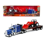 Kenworth W900 Truck with Flatbed Trailer Blue Met. w/Farm Tractor Red "Long Haul Truckers" Series 1/32 Diecast Model by New Ray