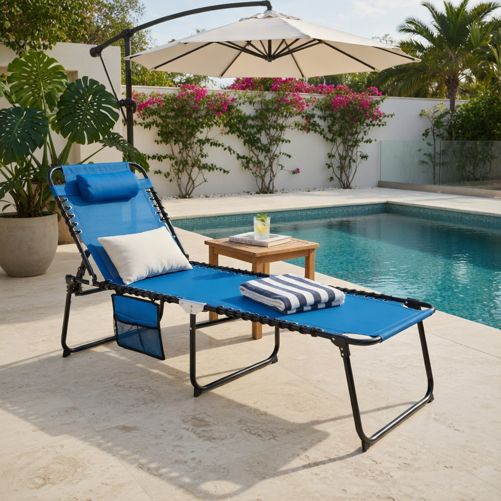Hommoo Foldable Reclining Lounge Chair with Adjustable Backrest & Footrest, Portable Beach & Camping Chair, Navy