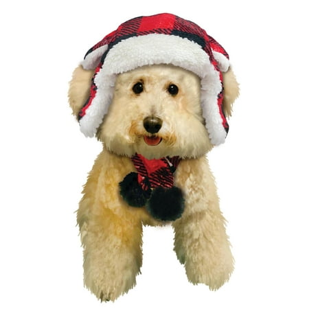 Fetchwear Red and Black Buffalo Plaid Fleece Trapper Hat and Scarf Set for Dogs, M/L