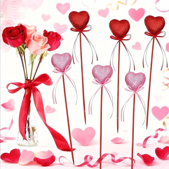 Valentine Picks And Sprays, Valentines Day Flowers Artificial, Heart Picks, Glitter Bow Floral Branch For Wedding & Valentine Home Decor