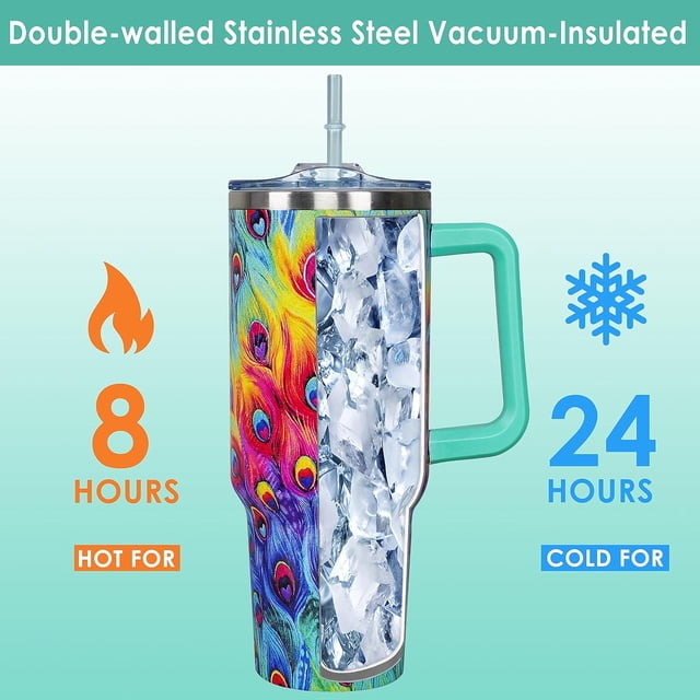 40 Oz Tumbler With Handle 40oz Peacock Tumbler With Lid Straw Double Insulated Travel Coffee Mug Peacock cup Gifts For Women