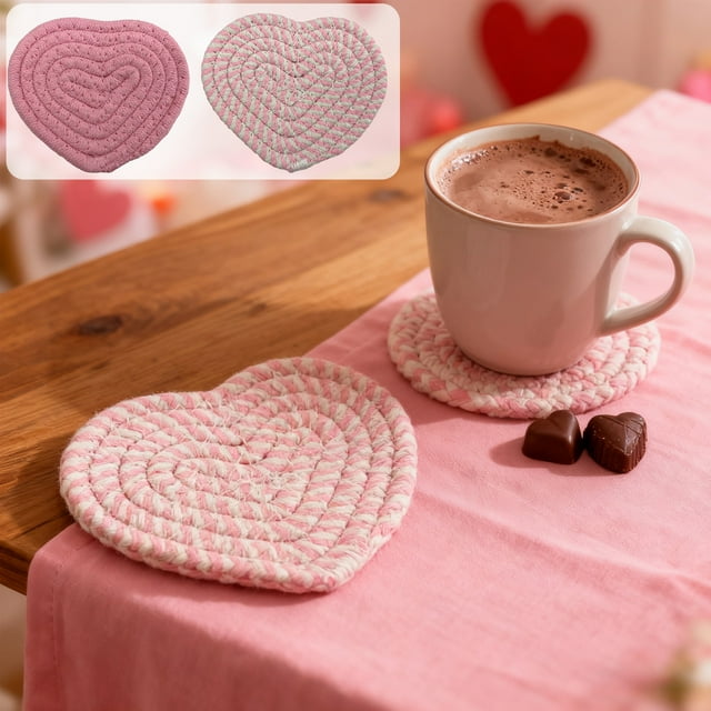 Sentmoon Absorbent Coasters Coaster Valentine Decorations Valentines's Day Heart Shaped Heat Insulating Cottons Woven Heat Insulation Pad