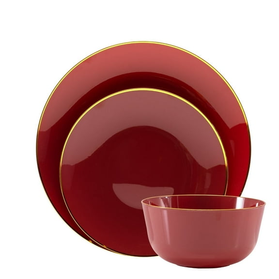 Crown Display Premium Disposable Plastic Dinner Set, Burgundy With Gold Rim, 60 Pack