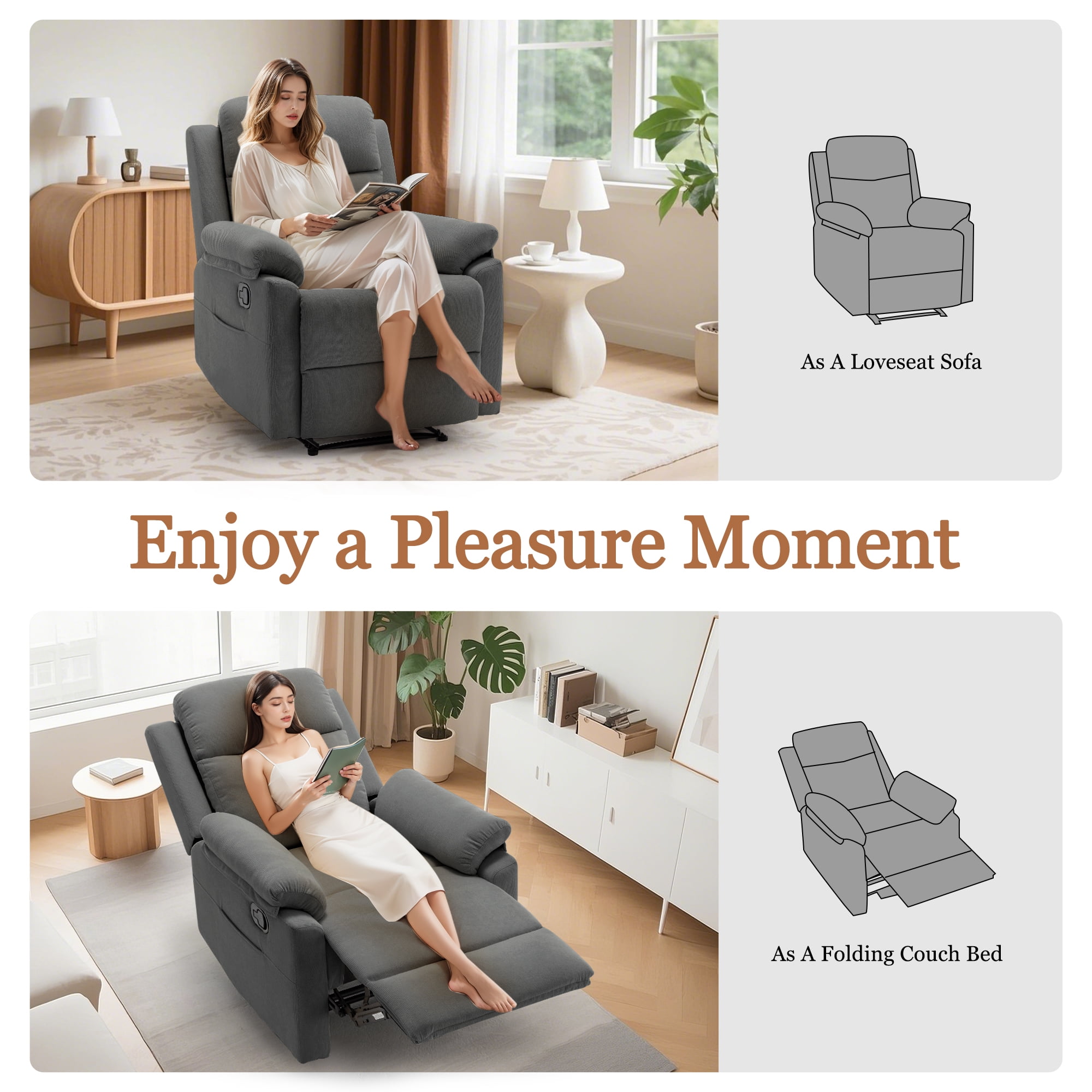 Korser Manual Small Recliner Chair for Small Spaces for Living Room,Corduroy,Grey