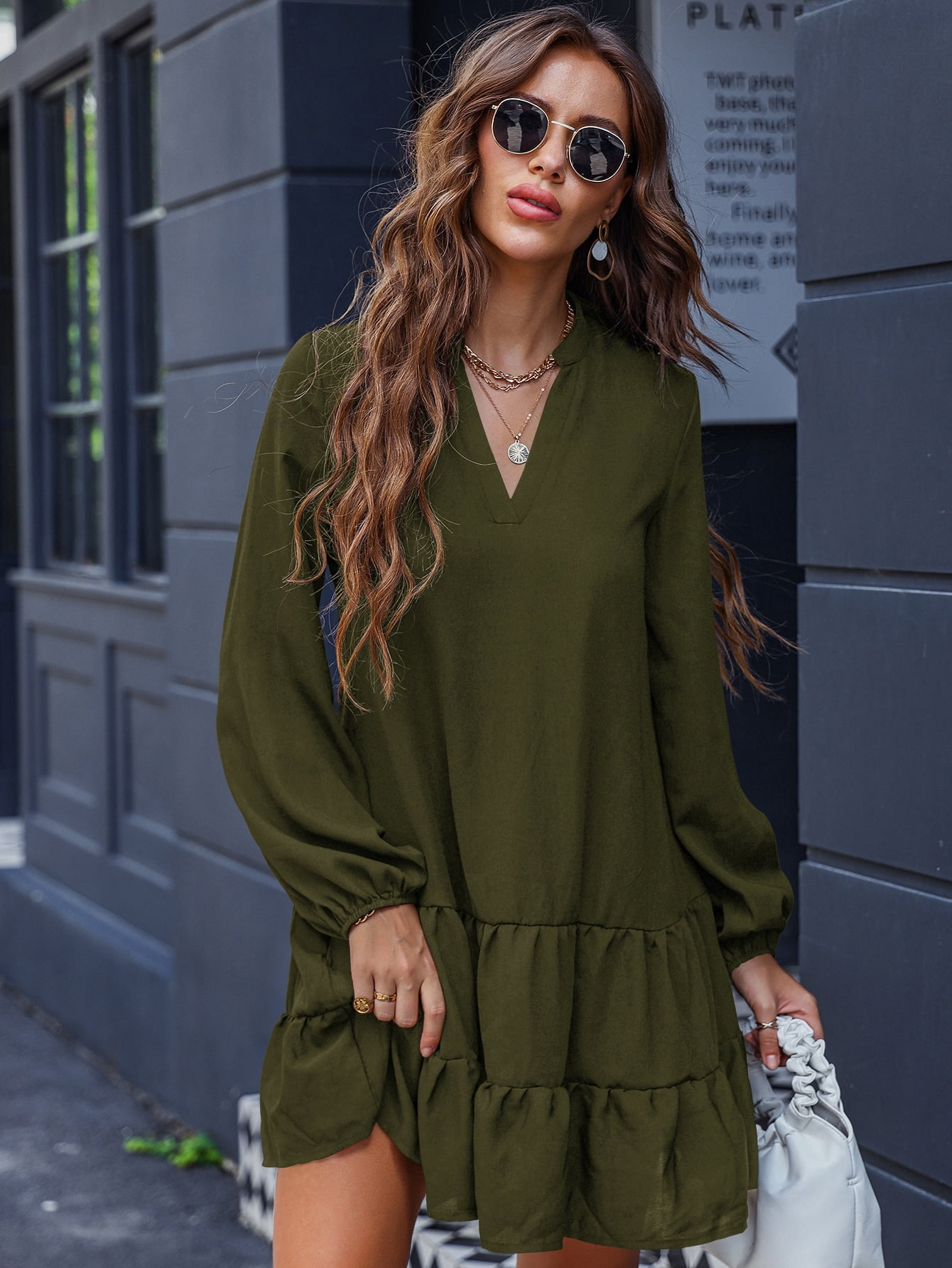Women's V neck Ruffle Hem Smock Dress 