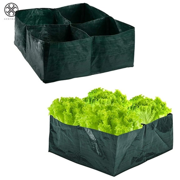 Luxtrada 4 Divided Grids Square Planting Container Grow Bag PE Fabric Plants Flowers Vegetables Planter Pot Raised Garden Bed
