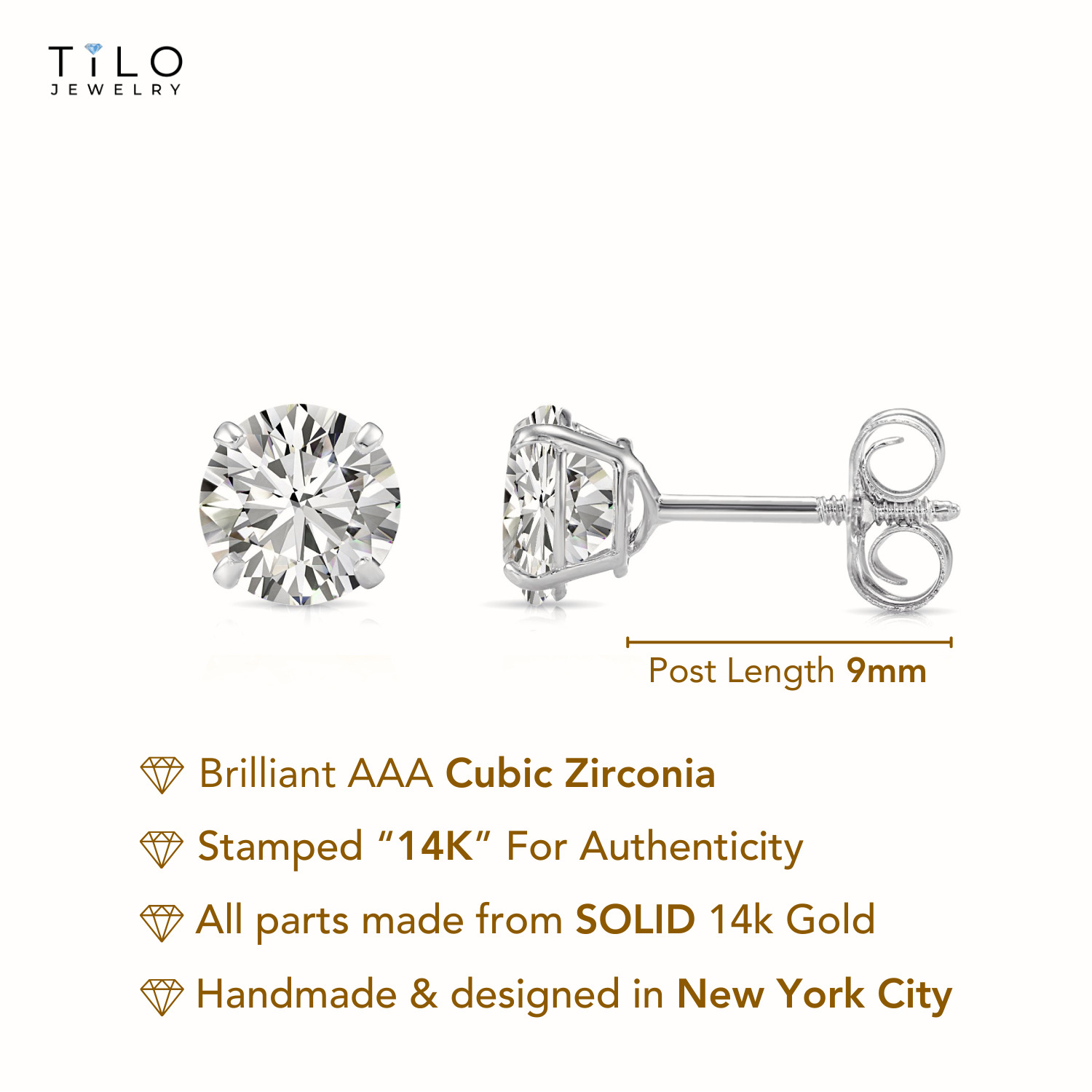 Tilo Jewelry 14K White Gold Solitaire Round CZ Stud Post Earrings with Secure Screw-backs | 5mm | Classic Everyday Earrings | Women, Men, Unisex