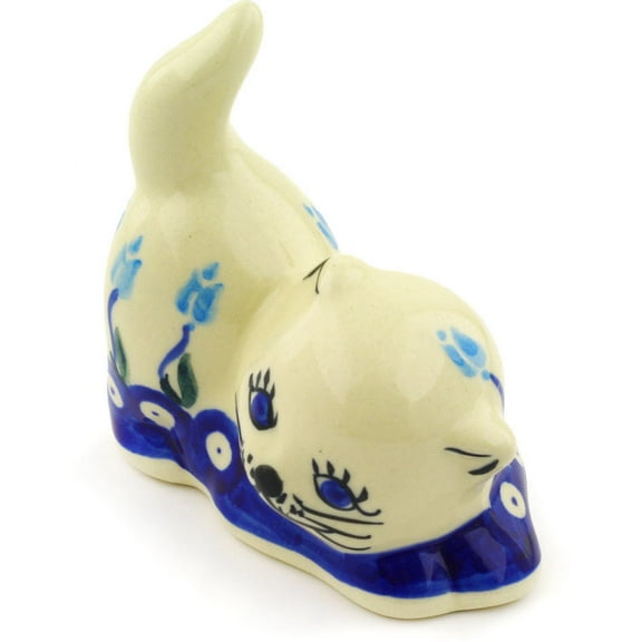 Polish Pottery 3¼-inch Cat Figurine (Floral Peacock Theme) Hand Painted in Boleslawiec, Poland   Certificate of Authenticity