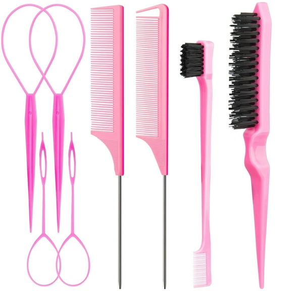 15Pcs Hair Styling Combs Set Include Topsy Hair Tail Tools Rat Tail Comb,Bristle Teasing Slick Back hair Brush, Edge Control Brush,Eyebrow Brush for Woman Girl Pink