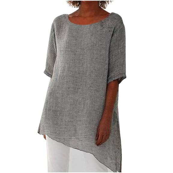 Ruimatai Women's Linen Blouse Asymmetric Hem Half Sleeve Loose Fit Summer Tops for Casual Wear