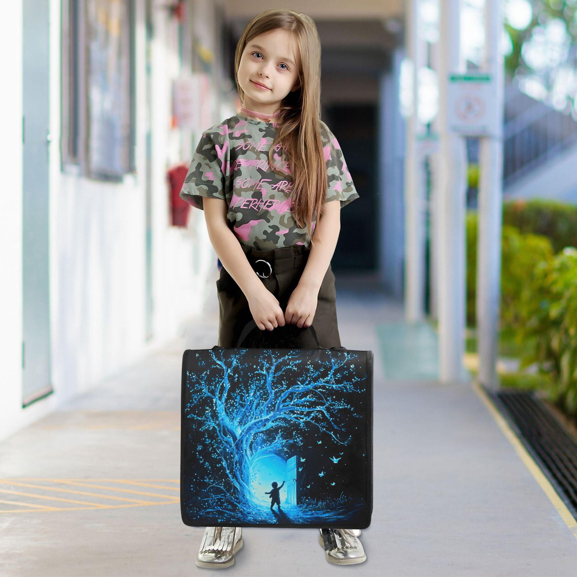 3 Ring Zipper Binder with Shoulder Strap Waterproof Trapper Keeper 2 Inch D-Ring 500 Sheets Capacity Glowing Blue Tree and Door