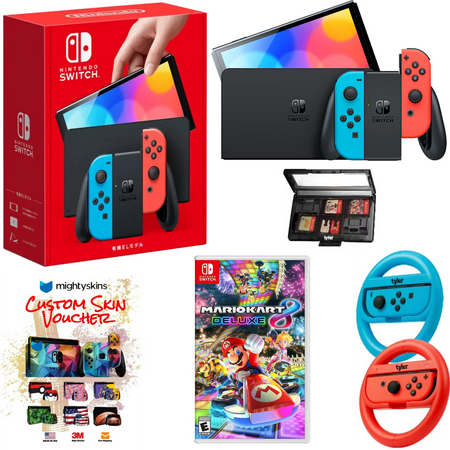 Nintendo Switch OLED Neon Red/Blue Edition Bundle with Mario Kart 8 Deluxe Game + Mightyskins Voucher – (JP Edition) - Japan Import with US Plug