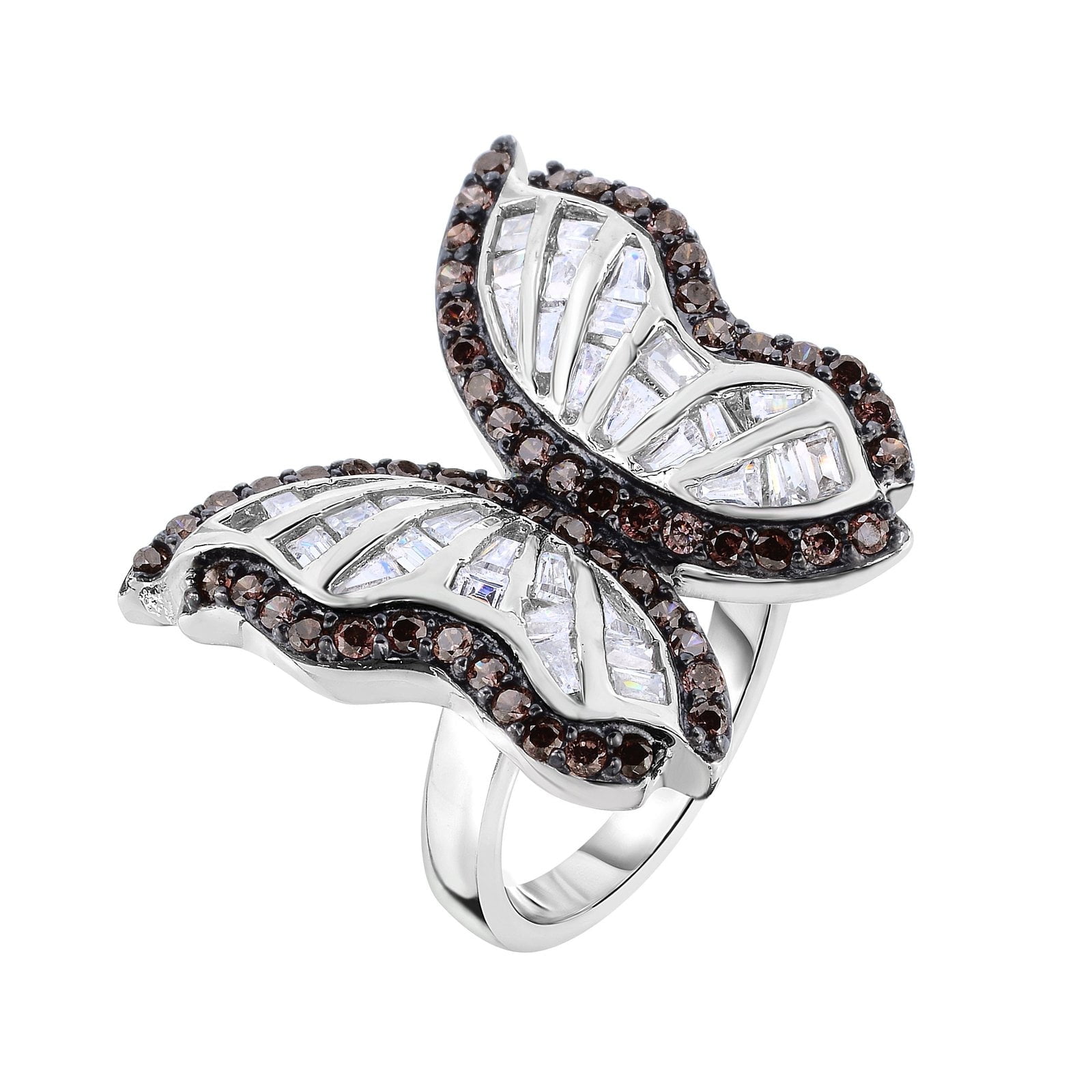 Tilo Jewelry Sterling Silver Butterfly Cocktail White & Chocolate Color Ring with Cubic Zirconia Stones | Size 8 | Women & Unisex
